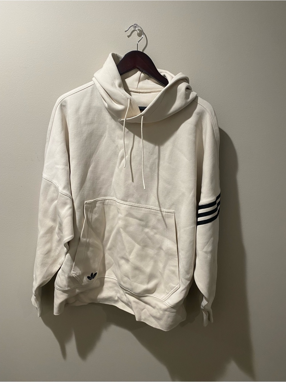 adidas Cream Hoodie with Black Sleeve Stripes MEN